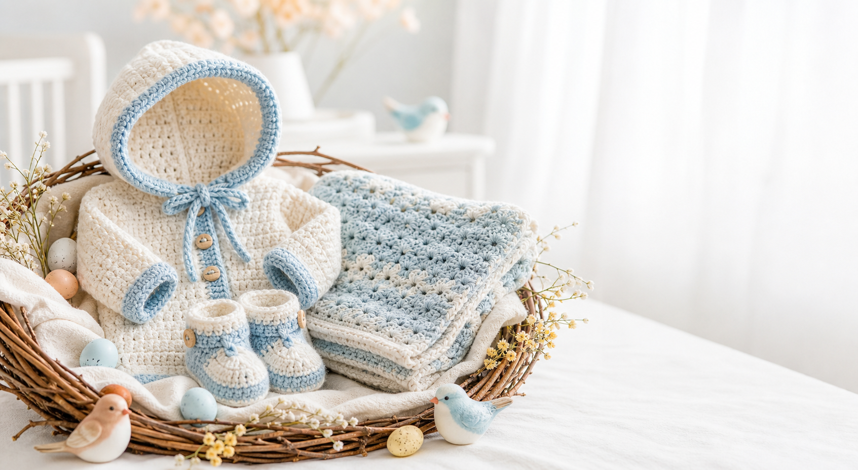 Crochet baby blanket, socks, and hoodie arranged in a soft nursery setting